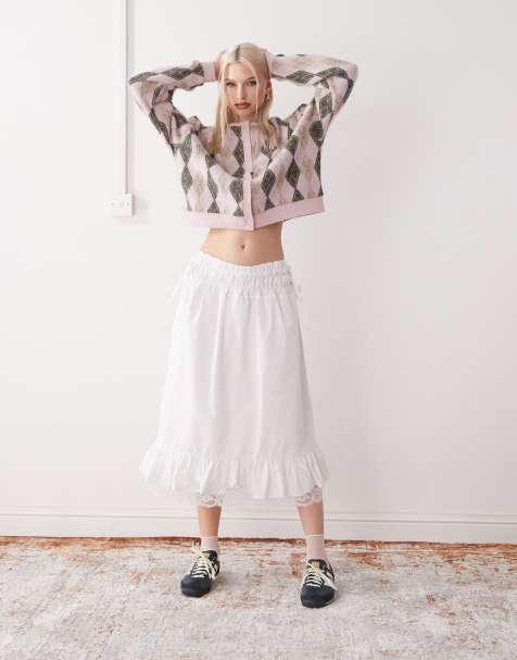 Falda midi blanca de estilo wéstern con bajo de encaje de Reclaimed Vintage - view 1