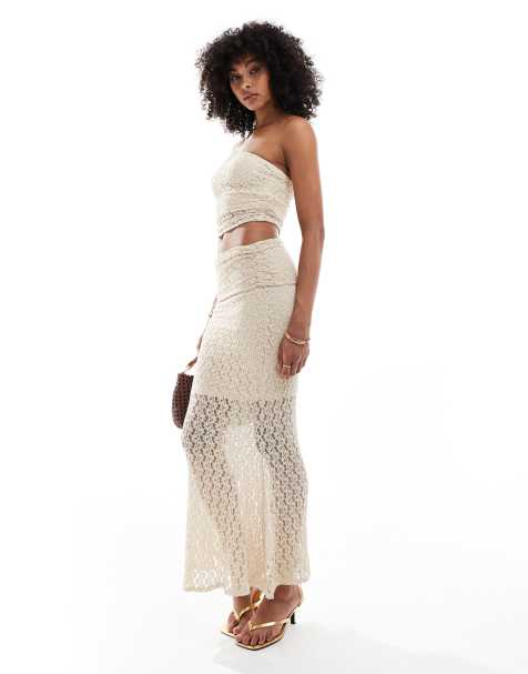 Falda midi blanco hueso con cinturilla plegada de encaje de New Look (parte de un conjunto) - view 1