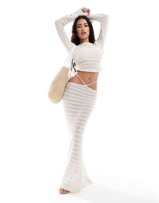 Falda midi blanco marfil con lazada en la cintura y patrón lineal texturizado de ASOS DESIGN (parte de un conjunto)