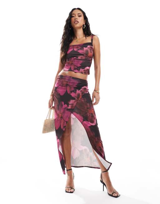 Falda midi burdeos cruzada y ceñida con estampado floral de ASOS DESIGN (parte de un conjunto)