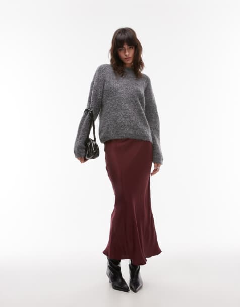 Falda midi burdeos de corte al bies de satén de Topshop - view 1