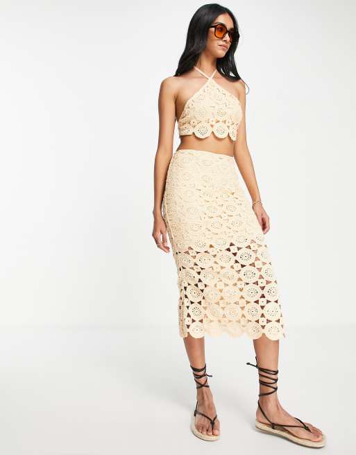 Falda midi color albaricoque de croché de ASOS DESIGN (parte de un conjunto)