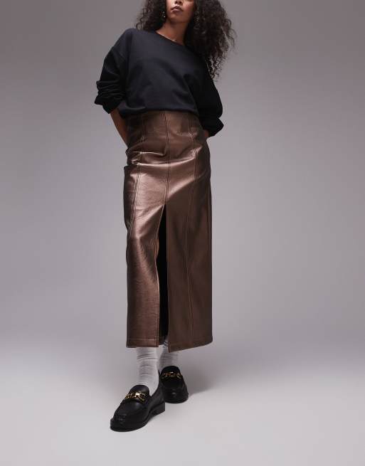 Falda midi color bronce metalizado con abertura de cuero sintético de Topshop 