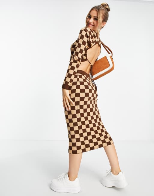 Falda midi color camel a cuadros dameros de Miss Selfridge (parte de un conjunto)