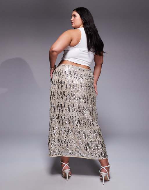 Falda midi color champán cruzada de lentejuelas variadas de ASOS DESIGN Curve, 4 de 5