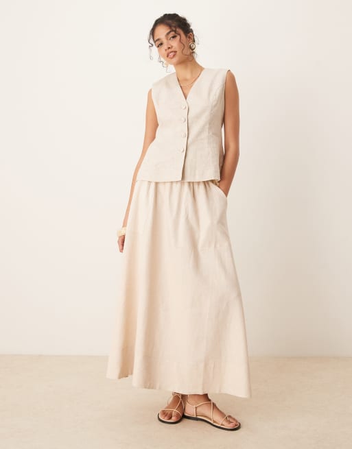 Falda midi color crema abedul de corte amplio de tejido efecto lino de YAS
