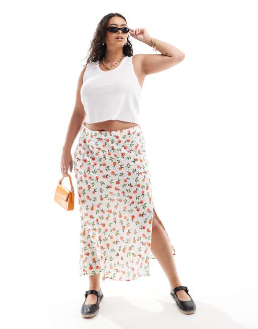 Falda midi color crema con estampado de naranjas y abertura lateral de PIECES Curve