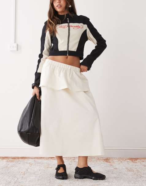 Falda midi color crema de corte circular con detalle de sobrefalda de Reclaimed Vintage - view 1