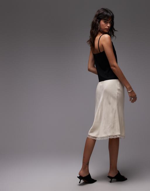 Falda midi color crudo de corte al bies de satén con ribete de encaje de ASOS DESIGN, 3 de 5