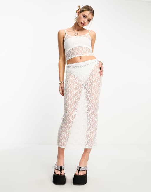 Falda midi color marfil de encaje de COLLUSION 