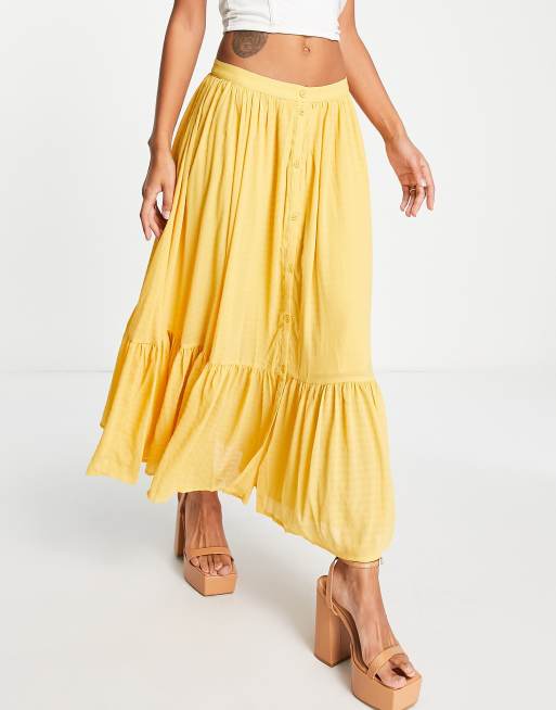Falda midi color mostaza con bajo de volantes de French Connection, 3 de 4