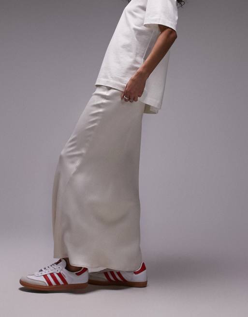 Falda midi color ostra de corte al bies de satén de Topshop
