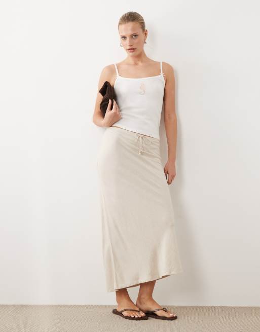 Falda midi color piedra de corte al bies de mezcla de lino de New Look