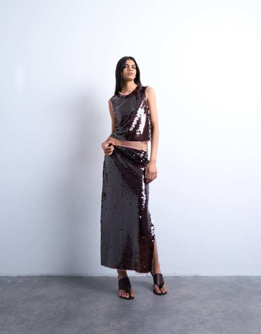 Falda midi color vino con diseño en contraste de lentejuelas de Topshop (parte de un conjunto)