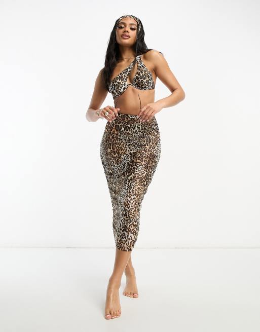 Falda midi con estampado de leopardo y detalle fruncido en el lateral de malla de South Beach