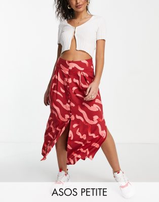 Falda midi con estampado de pinceladas rosas, abertura y botones de ASOS DESIGN Petite