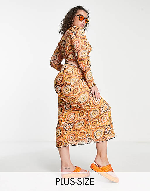 rutina Imperativo algo Falda midi con estampado floral estilo años 70 y bajo ondulado de malla de  Neon Rose Plus (parte de un conjunto) | ASOS
