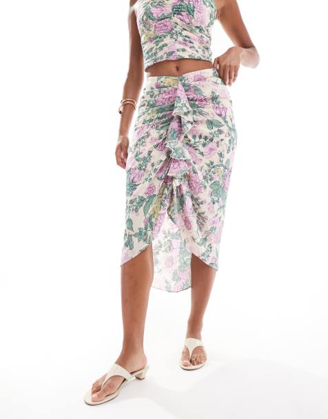 Falda midi con estampado floral morado y volantes efecto cascada de tejido efecto rugoso de Abercrombie & Fitch (parte de un conjunto) - view 1