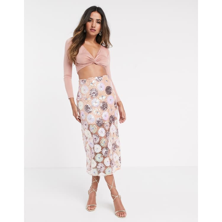 Falda midi con lentejuelas y diseño floral ASOS DESIGN | ASOS