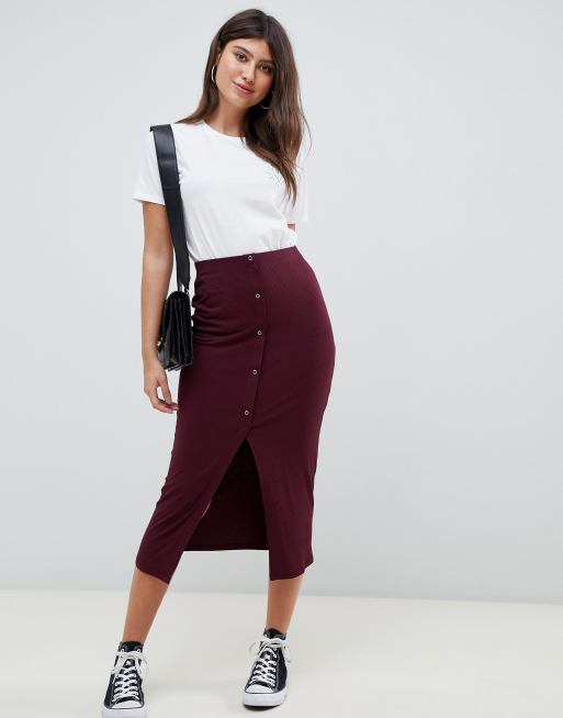 Falda midi de canalé con botones de presión de ASOS DESIGN