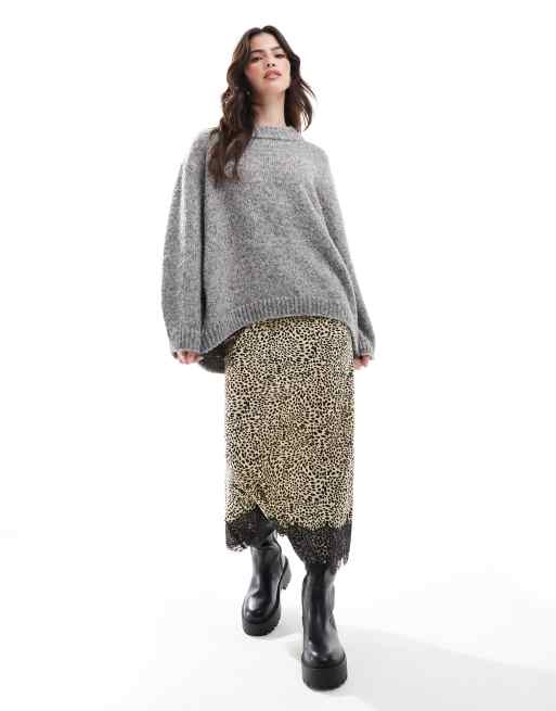 Falda midi dorada con estampado de leopardo y ribete de encaje de Wednesday's Girl