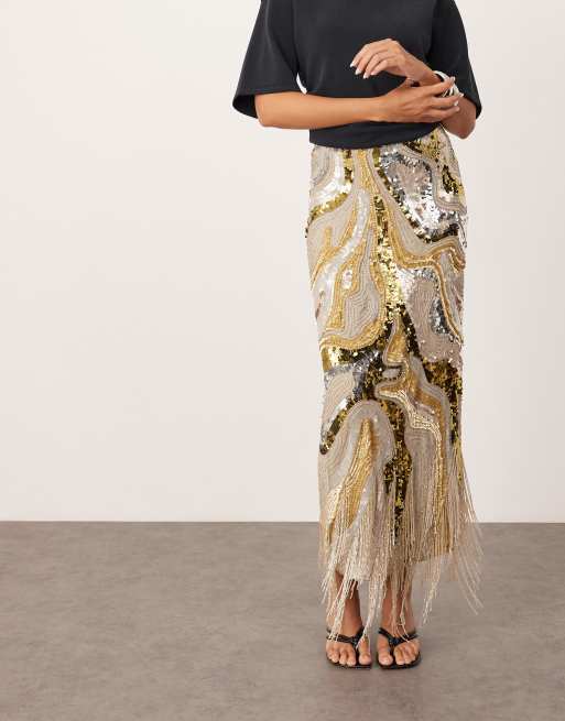Falda midi dorada con patrón ondulado con abalorios y flecos de ASOS EDITION, 2 de 5