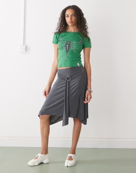 Falda midi gris pizarra de talle bajo con detalle de anilla de COLLUSION - view 1