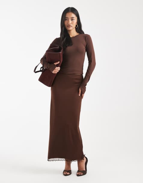 Falda midi marrón chocolate de malla de ASOS DESIGN - view 1