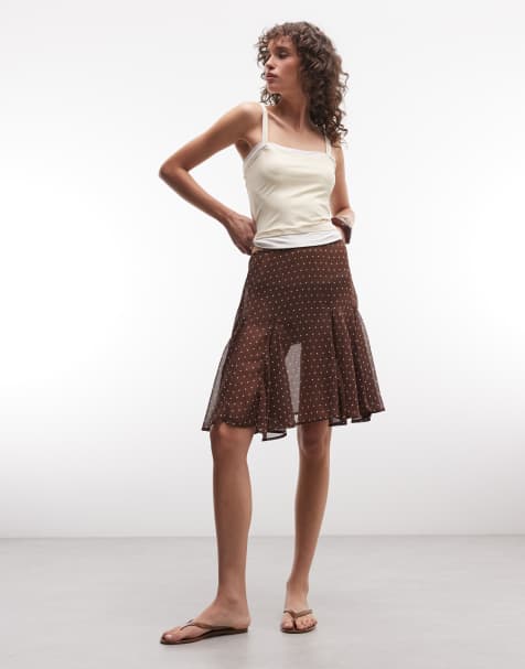Falda midi marrón con estampado de lunares y detalle de godets de tejido transparente de COLLUSION - view 1