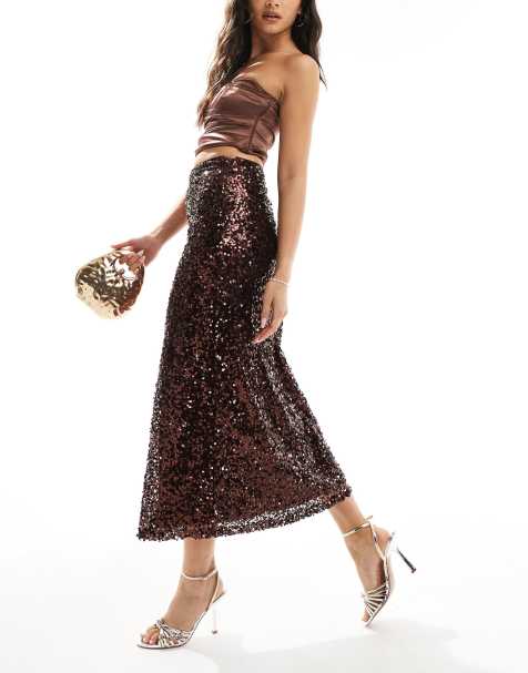 Falda midi marrón de lentejuelas de ASOS DESIGN - view 1