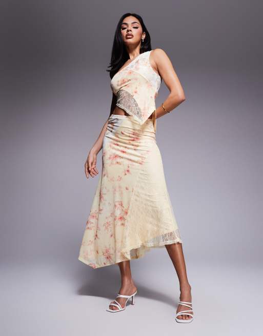 Falda midi multicolor asimétrica con estampado floral dividido de encaje de Love Triangle (parte de un conjunto)