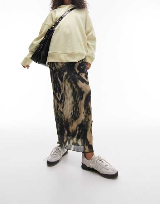Falda midi multicolor con estampado animal desdibujado y textura plisada de Topshop