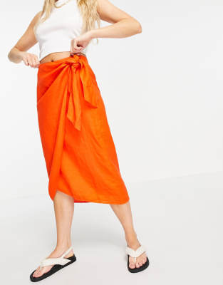 Falda midi naranja estilo pareo de lino Layla de Whistles