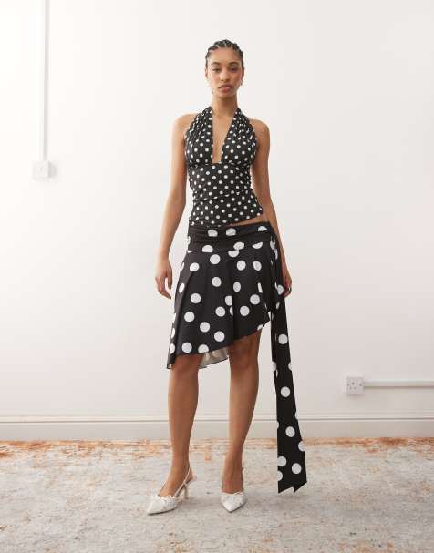 Falda midi negra ceñida asimétrica con estampado de lunares y detalle colgante en la cintura Safari de Lioness (parte de un conjunto) - view 1