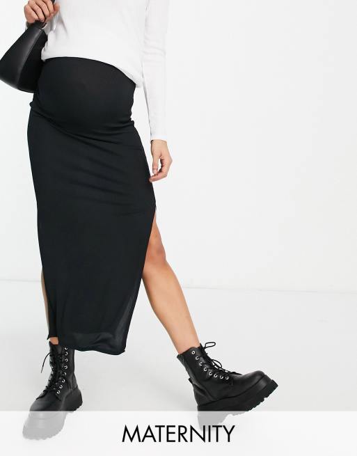 Falda midi negra con aberturas laterales de canalé de Flounce London Maternity (parte de un conjunto)