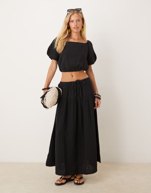 Falda midi negra con cordón ajustable de bambula de algodón de Mango (parte de un conjunto)
