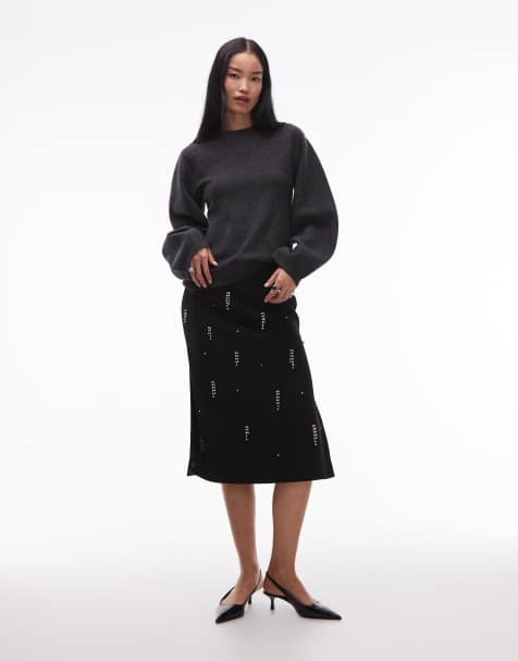 Falda midi negra con flecos con cristales de ARKET - view 1