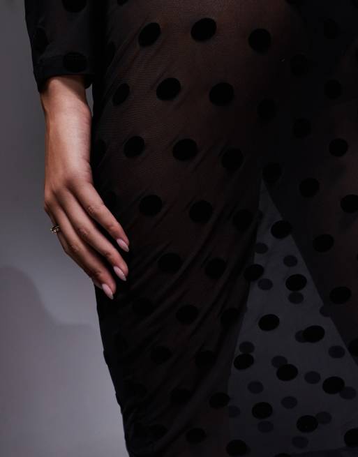 Falda midi negra con patrón de lunares flocados de malla transparente de ASOS DESIGN, 5 de 5