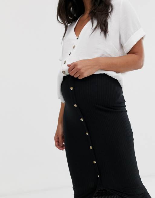 Falda midi negra de canalé botones delanteros de Look Maternity | ASOS