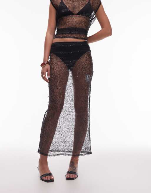Falda midi negra de malla transparente con lentejuelas de ASOS DESIGN (parte de un conjunto), 2 de 5