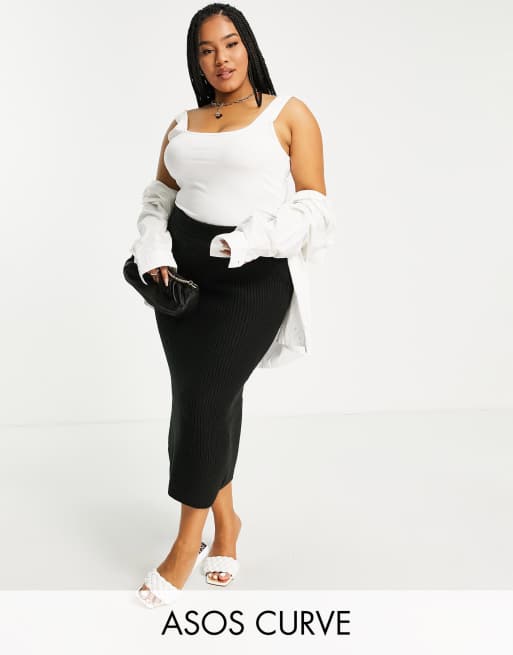 Falda midi negra de punto de canalé de ASOS DESIGN Curve (parte de un conjunto)