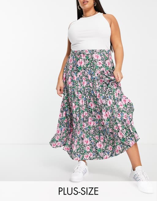 Falda midi plisada con estampado floral luminoso y abertura en la parte delantera de Neon Rose Plus