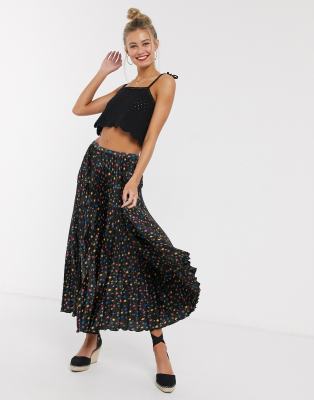 Falda MIDI Plisada De Satén En Negro Con Estampado Floral De ASOS DESIGN-Multicolor