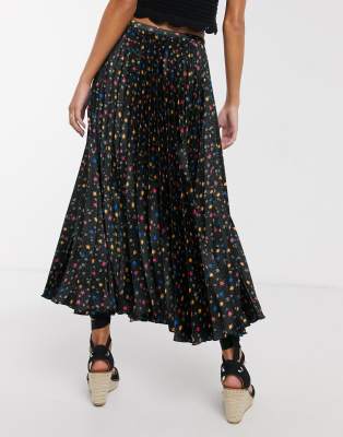 Falda MIDI Plisada De Satén En Negro Con Estampado Floral De ASOS DESIGN-Multicolor thumbnail