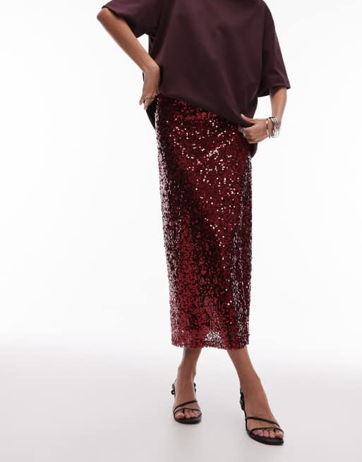 Falda midi rojo guinda de lentejuelas de ASOS DESIGN, 4 de 5