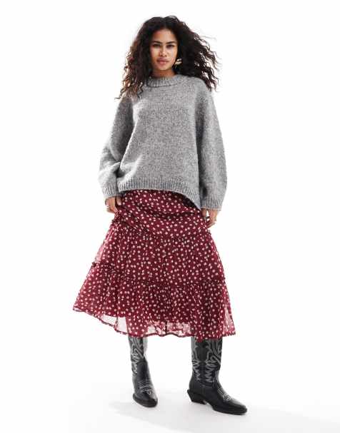 Falda midi rojo intenso escalonada de estilo boho con estampado floral de Wednesday's Girl - view 1