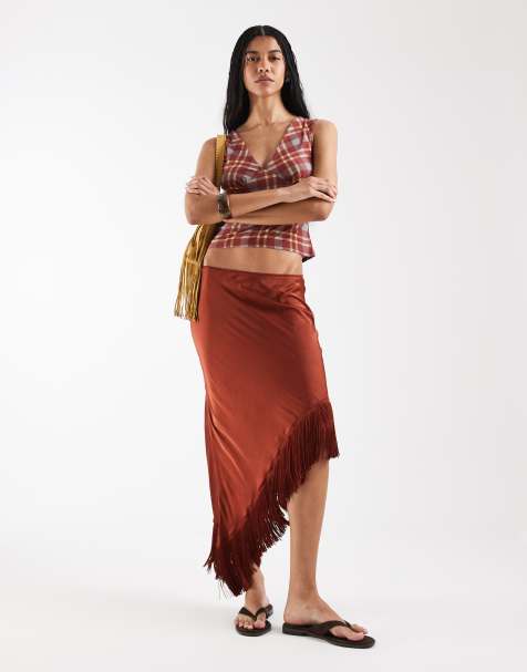 Falda midi rojo óxido con bajo asimétrico y borlas de Reclaimed Vintage - view 1