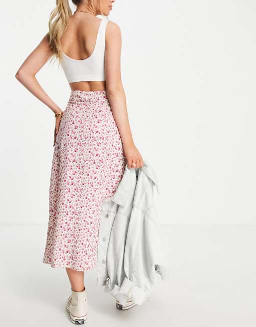 Falda midi rosa con abertura lateral y estampado floral de New Look, 2 de 4