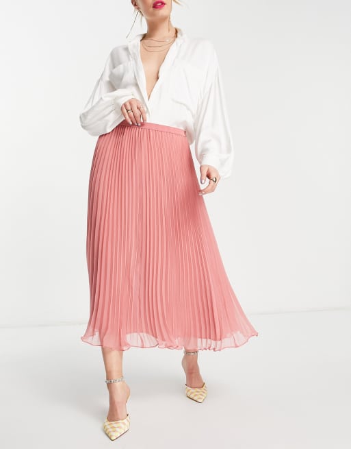 Falda midi rosa coral plisada de French Connection | ASOS