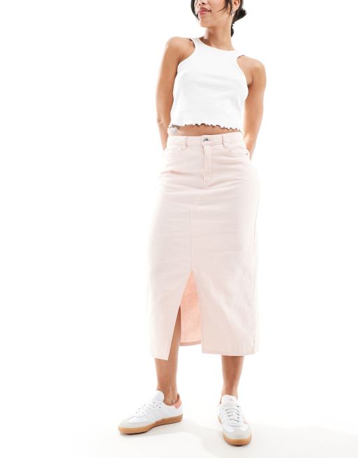 Falda midi rosa pálido con abertura delantera de sarga de ONLY 